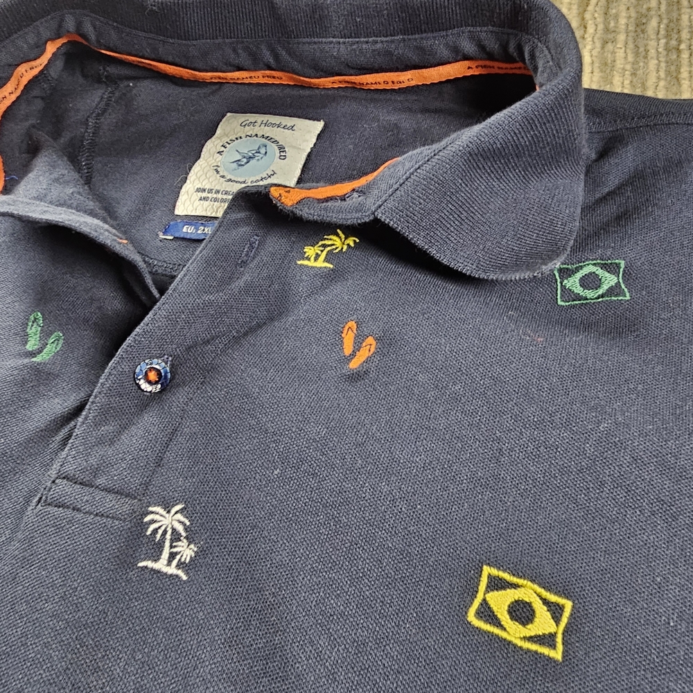 A Fish Named Fred Polo Flip Flops Tropical  Mens Navy shirt Cotton Size XL